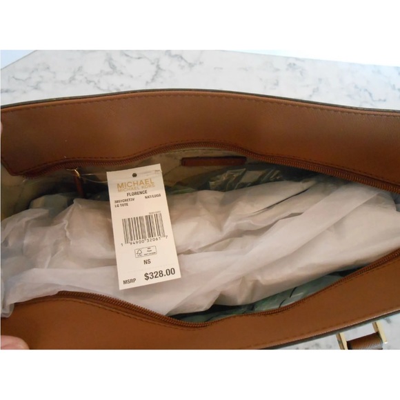 MICHAEL KORS Florence Large MK LOGO Top Zip Tote NATURAL/LUGGAGE $328 - Picture 8 of 8